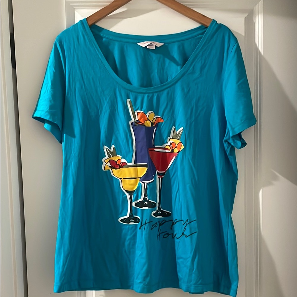 Cacique Blue Graphic Tee with Cocktail Print happy hour size 18/20